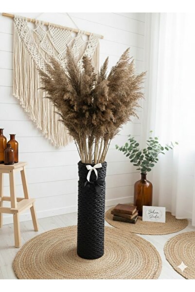 DİĞER1111 Siyah Örgü Yer Vazosu – Kahverengi Pampas Aranjmanlı Bohem Dekor