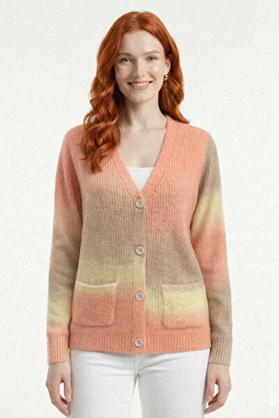 Neden Tekstil Salmon Camel Color Gradient V-Neck Pocketed Knitwear Cardigan