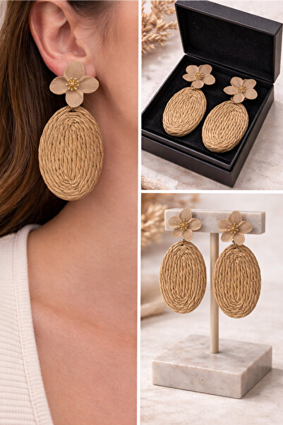 Hasır Çiçek Detaylı Görünümlü Büyük Boy Sallantılı Kadın Küpe