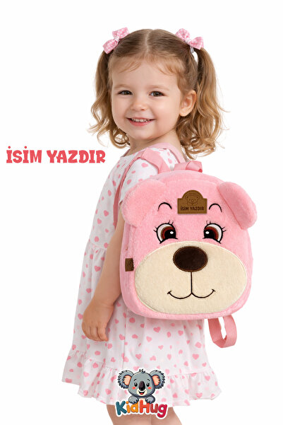 KidHug [İSİM YAZDIR] İsimli Nakışlı Pembe Ayıcıklı Kız Çocuk Çanta Çocuk Sırt...