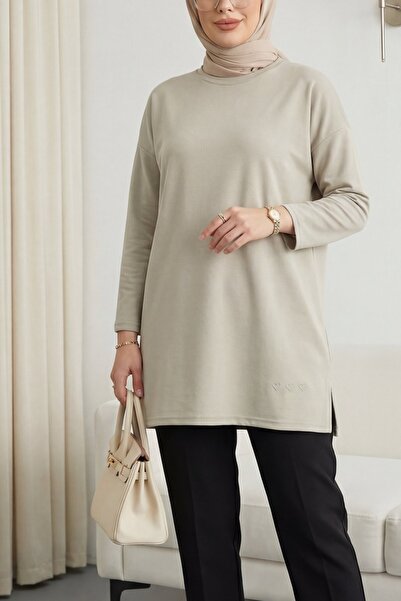 Modamorfo تنورة فضفاضة من القطن الممشط بتفاصيل قلب وشق - لون حجري