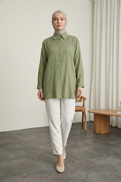 MODAQU Stone Detailed Buttoned Shirt Tunic - Green