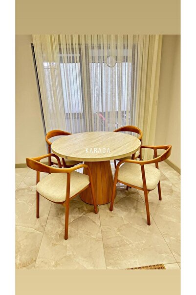 holzwelt Yuvarlak Ahşap Masa Takımı Bohem 4 Kişilik Mutfak Masa Sandalye Takı...