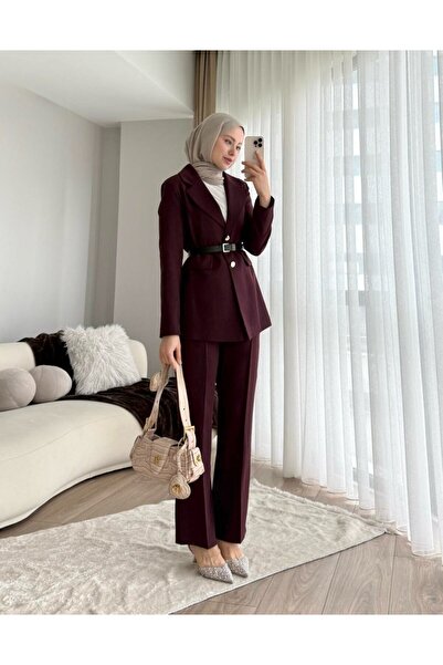 Miraydın Butik طقم سترة وبنطلون بحزام من القماش المزدوج - بلون البرقوق