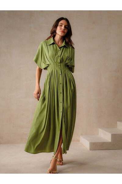 JustFab ✨Olive Green Buttoned Maxi Dress – Short Sleeve Collared Casual & Ele...