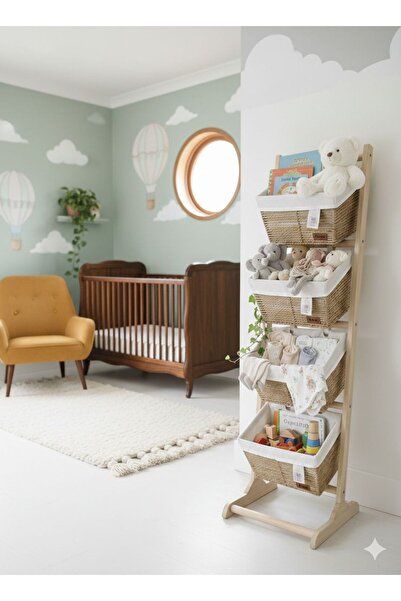 Noor Wooden storage stand with 4-tier square wicker baskets lined with fabric