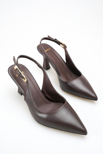 meyra'nın ayakkabıları Women's Bitter Brown Leather Buckle Open-Back Heeled S...