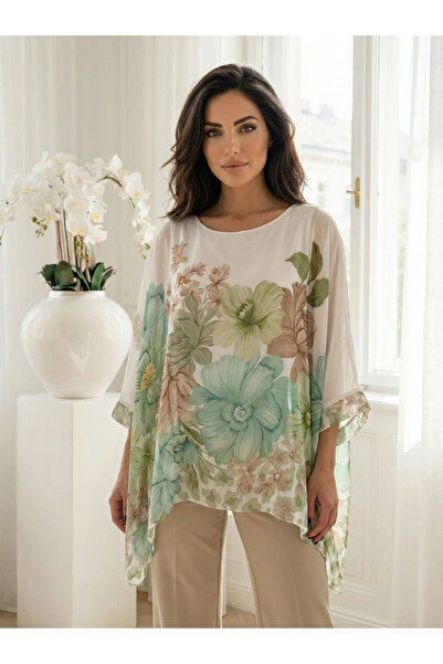 UniqueStore.ro White tunic with green floral print and puffy sleeves