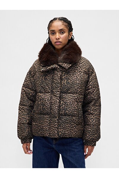 GAP Kadın Kahverengi Faux Fur-Trim Puffer Şişme Mont