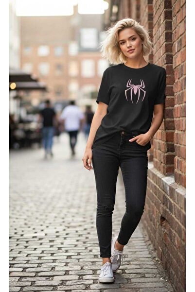 LiyAdaCo Unisex Women's Oversize Spider Printed Black T-Shirt