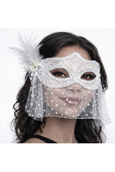 Marsilyan White Lace Tulle Veil Party Mask – Feathered Pearl Detail Ilkel-Rsi...