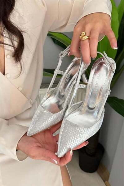 Difolia Women's Matilda Silver Printed 7 cm Heeled Pointed Toe Open Back Shoes