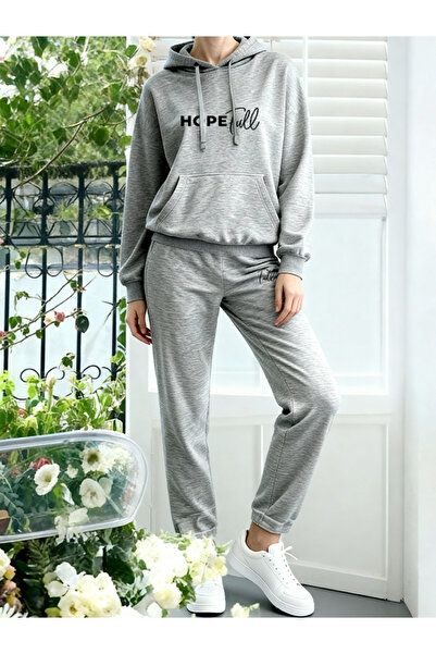 EFFRENATU Lıvo Women's Gray Tracksuit Set Hooded Sweatshirt and Jogger Bottom...