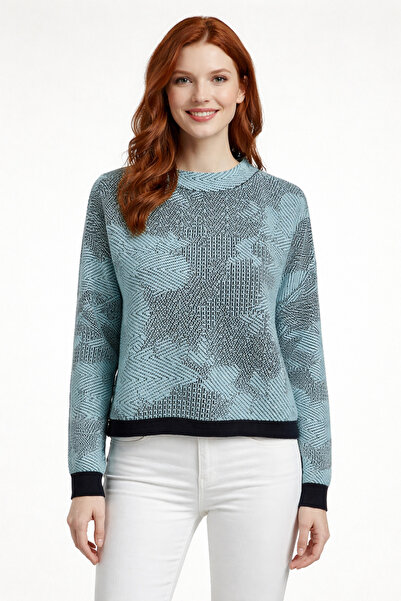 Neden Tekstil Mint Black Patterned Crew Neck Crop Sweater