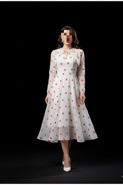 tasmim kian White midi dress decorated with red pom-poms