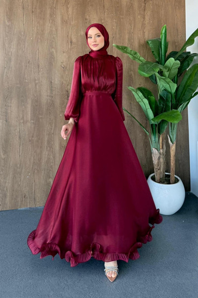 Hazamoda Grass Green Evening Dress Burgundy
