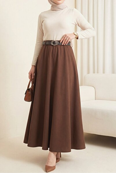 Modamorfo Elastic Waist Belted Casual Skirt - Brown