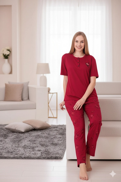 Sude Kısa Kollu Kırmızı BAMBOO Desenli pijama takımı