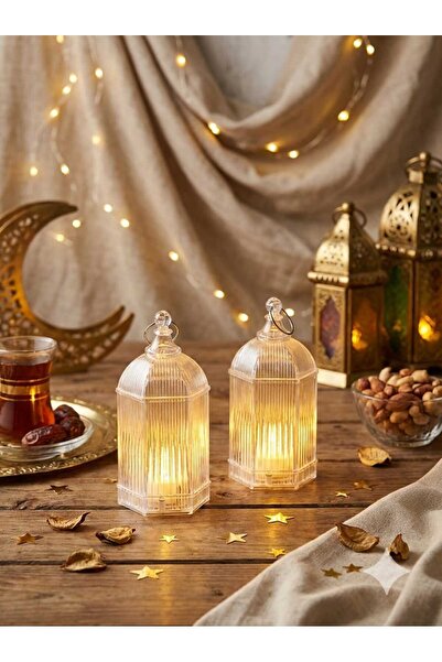 LOVYCO 2'Li Dekoratif Şeffaf Pilli Led Mum Feneri - Ramazan Konseptli Nostalj...