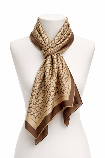 Butik Bej Kahve Desenli Çift Taraflı Şal