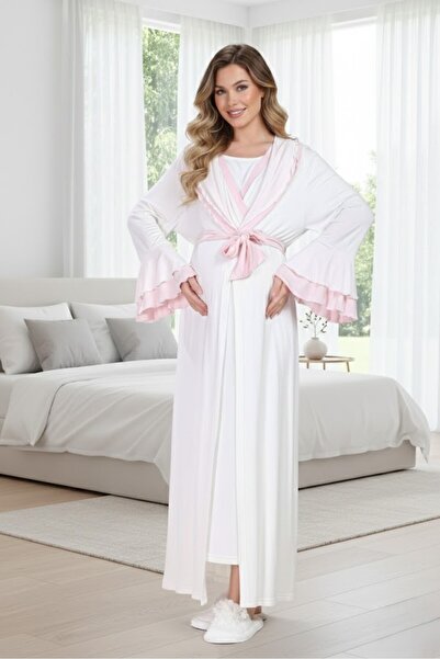 Lohusa Homewear New Season Powder Shawl Collar Flounce Short Sleeve Full Leng...