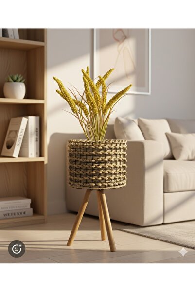 DİĞER1111 Ayaklı Örgü Çiçeklik – Jüt Bohem Dekoratif Standlı Saksı