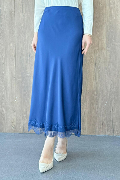 Hazamoda Fusta din satin cu dantelă Samara, albastru marin