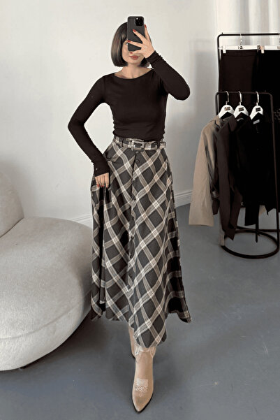 MOZENA Plaid Skirt with Belt and Buttons on the Front