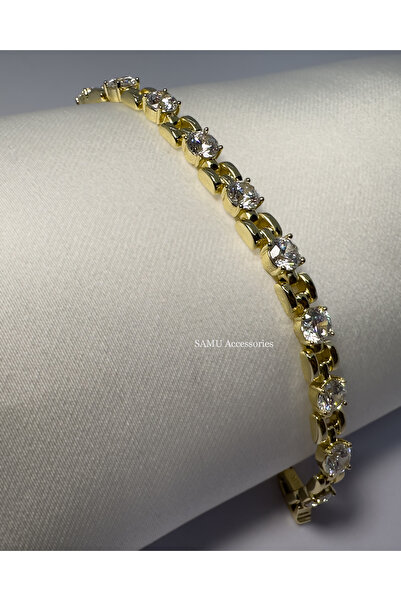 Samu Accessories سوار من الفولاذ السميك بتصميم سوليتير ذهبي - سوار تنس ذهبي ب...