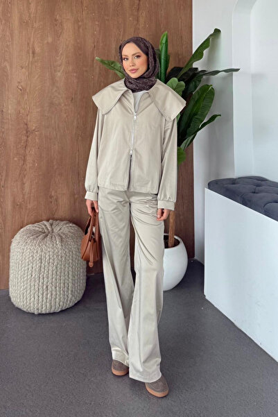 Hazamoda Rabia Shawl Detail Satin Set Beige