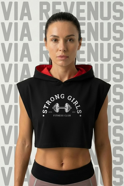 Vordevia Γυναικεία αθλητική μπλούζα με κουκούλα και στάμπα Strong Girls Fitne...