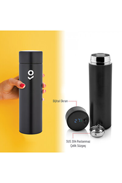 MOOMICA Dereceli, Süzgeçli 500 ML Termos – Dijital Ekranlı, 304 Çelik, Siyah