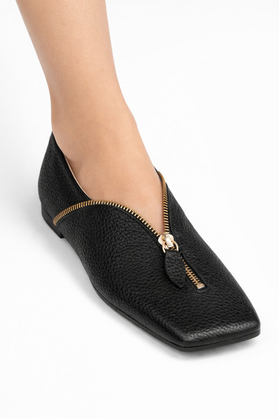 Mariolucci Kadın Günlük Babet Fermuar Detaylı (Gold) Hakiki Siyah Flotter Deri