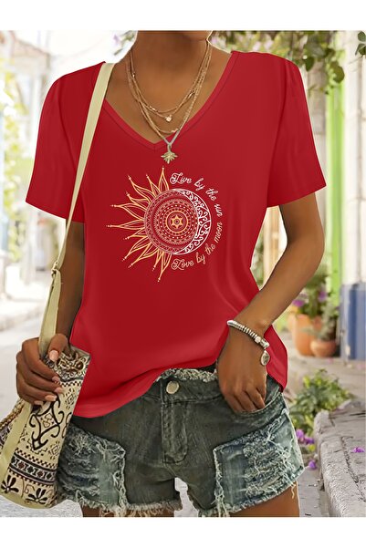 Deocept Mix Heart Printed Women's Sleeveless V-Neck Relaxed Fit T-Shirt