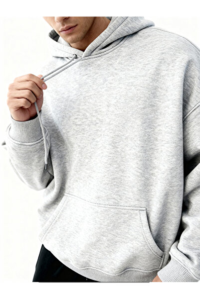 EFFRENATU Lıvo Unisex Gray Hooded Sweatshirt Oversize Basic Hoodie with Kanga...