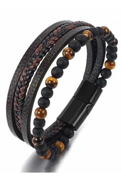 Generic Leather Natural Stone Multi-layered Leather Bracelet Brown