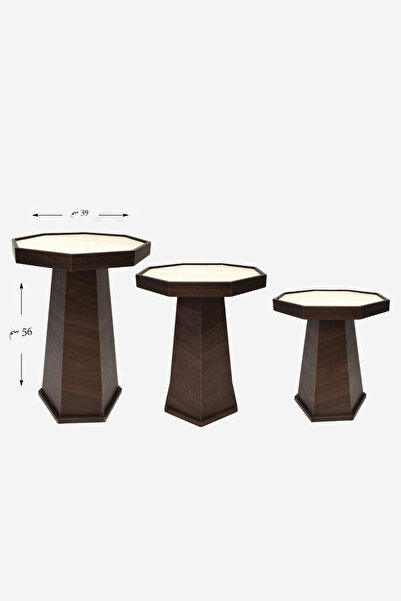 OKAE 3-piece wooden serving table set with an octagonal geometric design; bei...