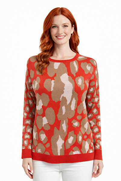 Neden Tekstil Red Beige Large Leopard Pattern Sweater