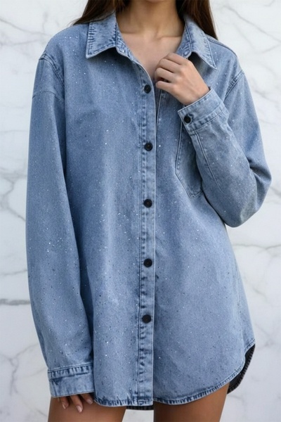 FashionForYou Μακρύ Τζιν πουκάμισο Athens, με γυαλιστερές λεπτομέρειες μπροστ...