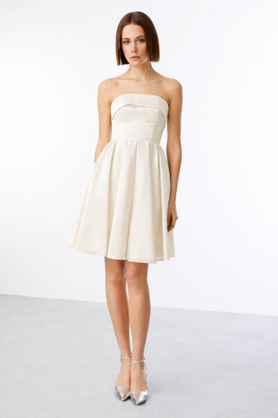 Ekol Eteği Piliseli Straplez Elbise 5096