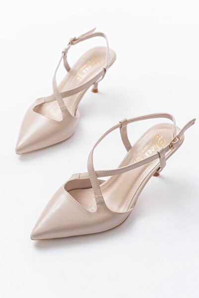 simplicity Beige Cross-Strap Detailed Kitten Heel Shoes