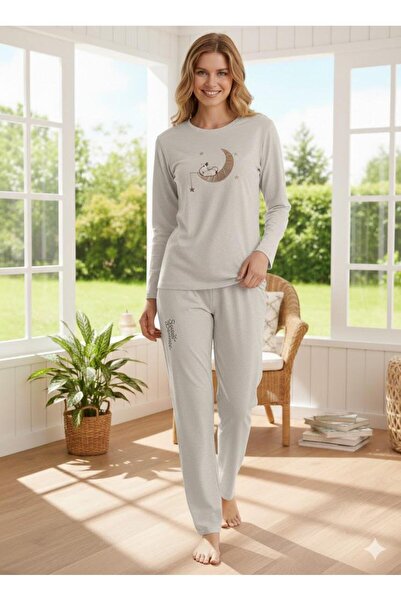 İpek Women's Long Sleeve Crew Neck Patterned 100% Cotton Pajama Set