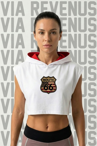 Vordevia Route 66 Printed Zero Sleeve Hooded Sportswear Women's Crop