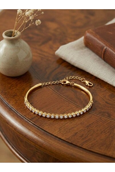 stainless steell Mengüer 18 Ayar Altın Kaplama Çelik Zirkon Taşlı Su Yolu Yar...