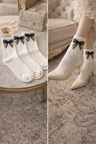 Emsay Store 3 Pieces of Women's Socks with Bow Detail – Stylish White Socks w...