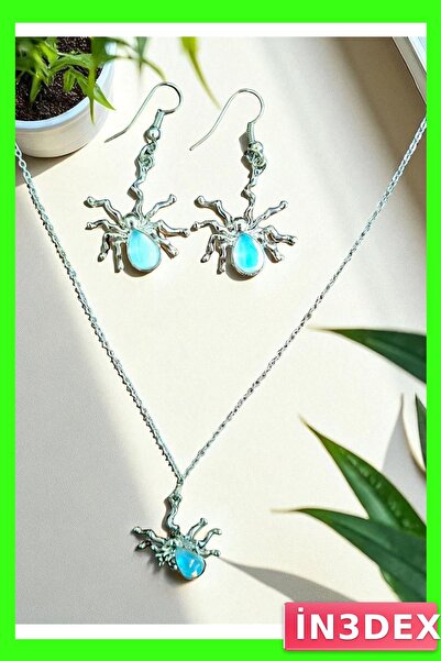 İN3DEX Blue Stone Detailed 3 Piece Necklace and Earring Set