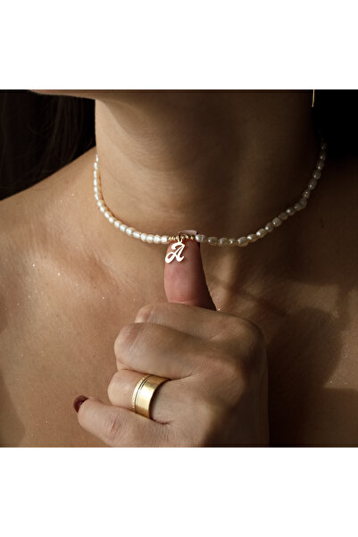 BLACK SWAN Bijoux Colier din perle naturale cu pandantiv initiala din aur 14K...