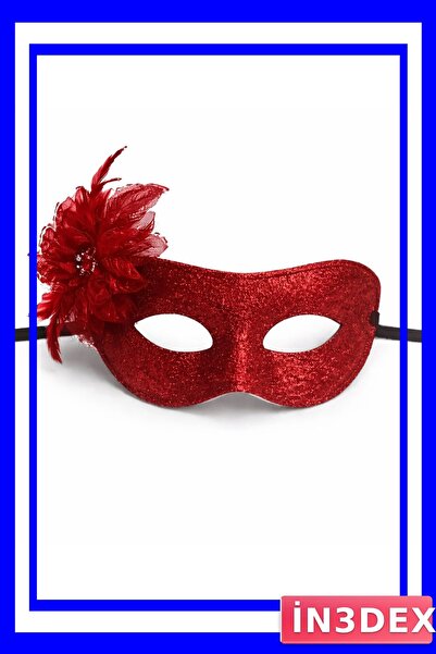 İN3DEX Red Glittery and Feathered Party Mask with String Ties