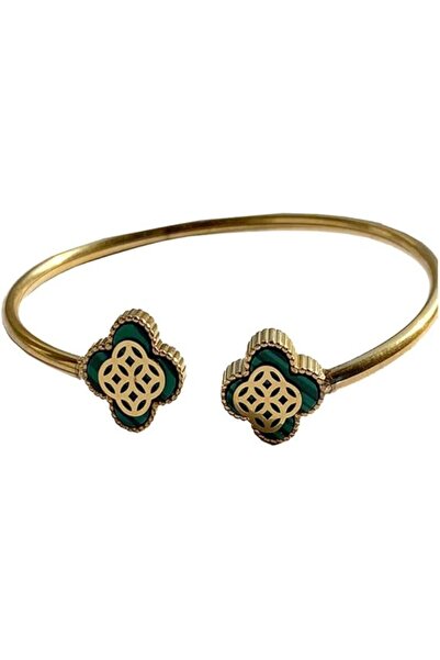 Generic Elegant Golden Cuff Bracelet with Green Floral Motifs