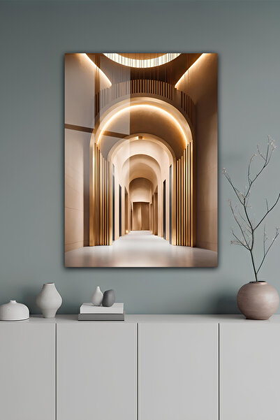 kutuTR Altın Işıklı Modern Kemerli Koridor Desenli Temperli Cam Tablo 2D UV B...